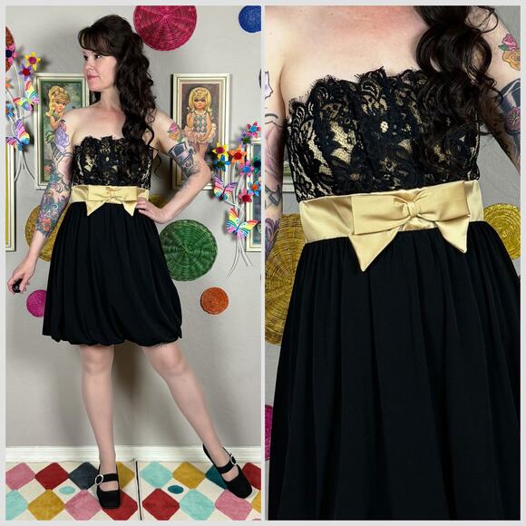 Vintage Y2K Black and Gold Satin and Lace Bubble Hem Mini Prom Dress - Picture 1 of 7
